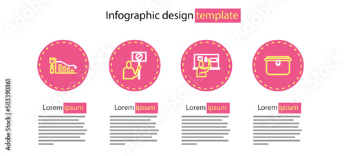 Set line Stop plastic pollution, Lunch box, Nature saving protest and Ecology infographic icon. Vector