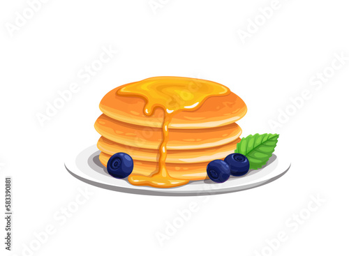 Cartoon pancakes with honey, crepes dessert or sweet food, vector yummy breakfast. Pancakes on plate with blueberry berries and honey topping drips for cafe or patisserie menu
