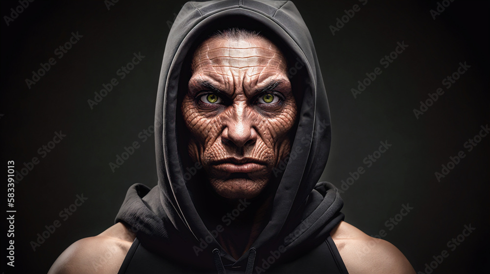 closeup of humanoid alien reptilian with scary angry face with brown skin and green eyes in black hoodie on dark background, generative AI closeup of humanoid alien reptilian with scary angry face with brown skin and green eyes in black hoodie on dark background, generative AI