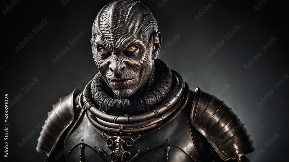 closeup of medieval humanoid alien reptilian warrior with scary angry face and brown skin and green eyes in gothic armor, generative AI