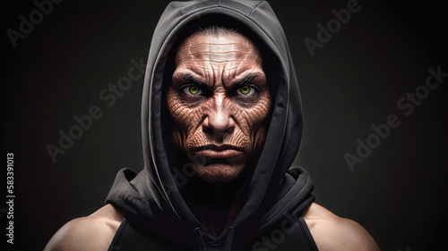 closeup of humanoid alien reptilian with scary angry face with brown skin and green eyes in black hoodie on dark background, generative AI photo