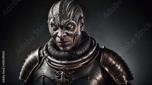 Fotografia closeup of medieval humanoid alien reptilian warrior with scary angry face and b