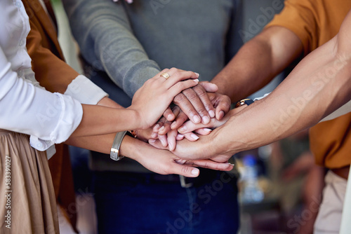 Fotografi Business, hands and huddle for teamwork, support and team building at startup with diversity at work