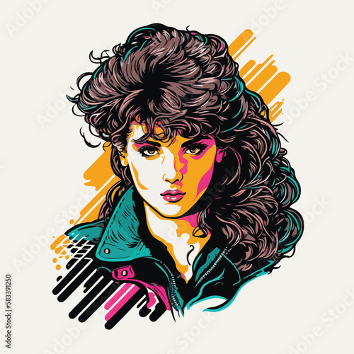 80s vintage girl full color illustration