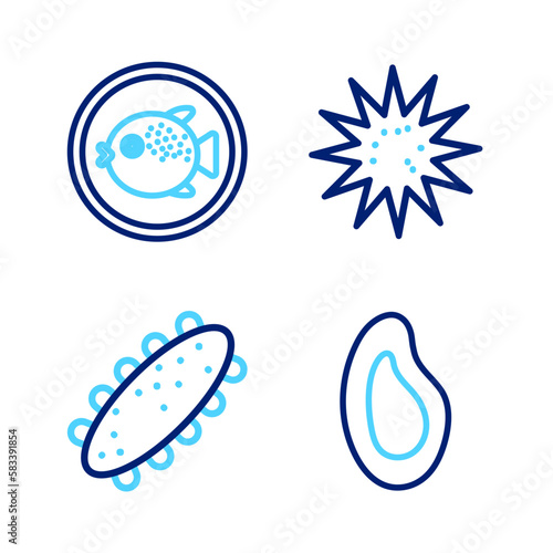 Set line Mussel, Sea cucumber, urchin and Puffer fish on plate icon. Vector