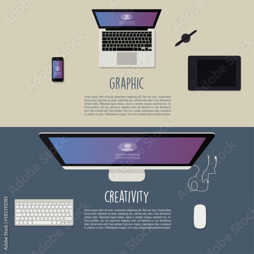 Flat Design, ordinateur, téléphone, tablette, tablette graphique, feuille, plante, bureau de travail, bleu et beige, ensemble de technologie, visuel modifiable