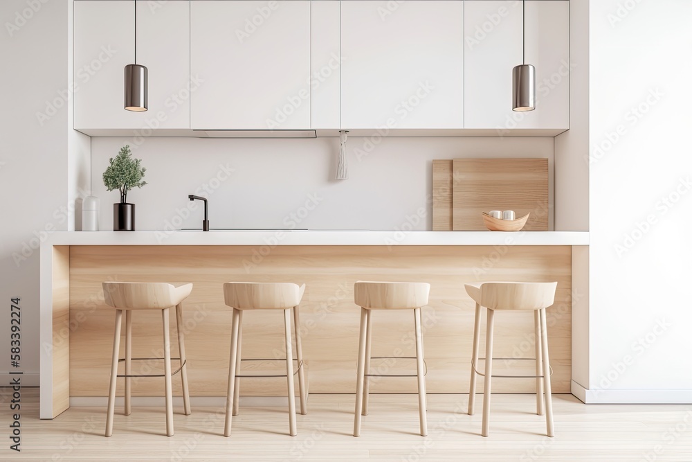 A close up of a light wood kitchen bar with three stools nearby. A white cabinet and a section of blank wall are present. a mockup Toned picture. Generative AI