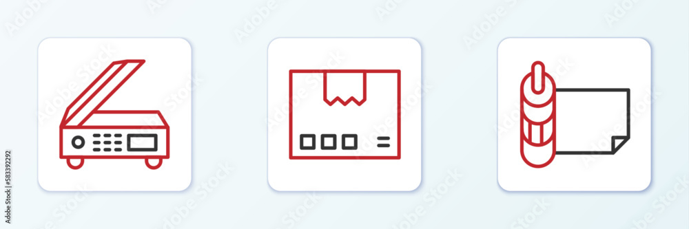 Set line Roll of paper, Scanner and Carton cardboard box icon. Vector Set line Roll of paper, Scanner and Carton cardboard box icon. Vector