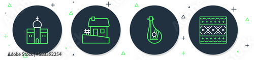Set line Ukrainian house, Bandura, Church building and ethnic pattern icon. Vector