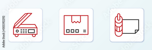 Set line Roll of paper, Scanner and Carton cardboard box icon. Vector