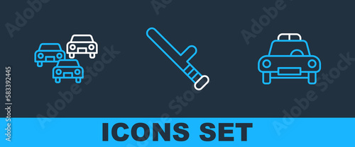 Set line Police car and flasher, Traffic jam and rubber baton icon. Vector