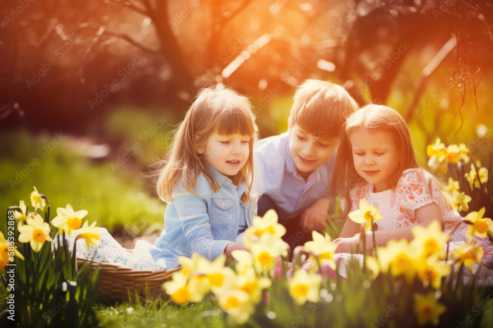 Easter egg hunt. Children on an Easter Egg hunt on a meadow in spring. Childrens on a meadow at spring sunny day. Easter celebration. Generative AI. Easter egg hunt. Children on an Easter Egg hunt on a meadow in spring. Childrens on a meadow at spring sunny day. Easter celebration. Generative AI.