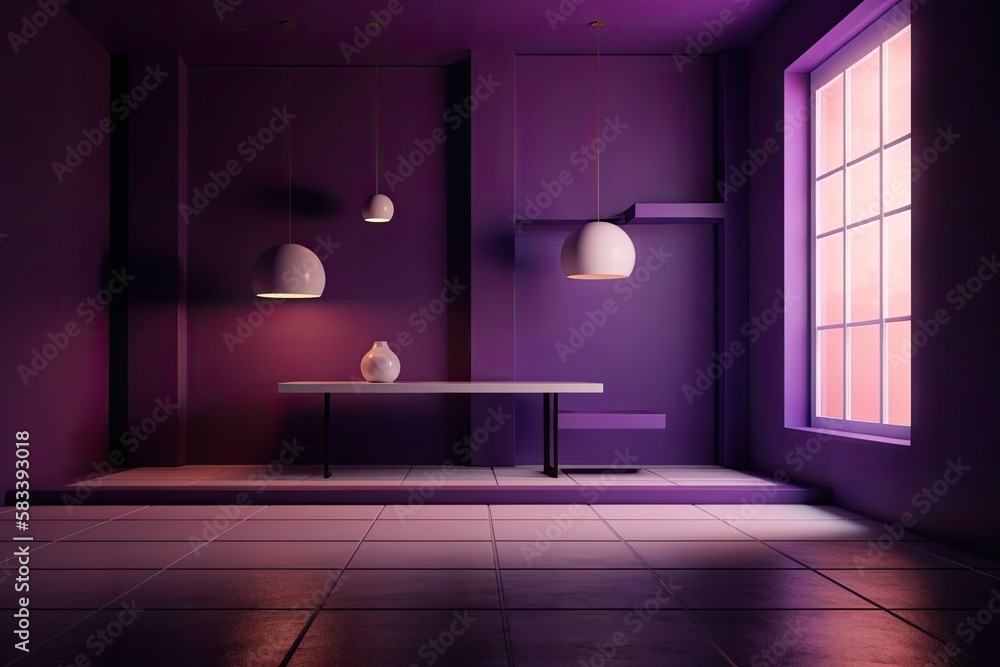 basic design, a purple wall, and an empty room. Interior of a hotel or ...