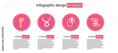 Set line Cross ankh, Torah scroll, Star and crescent on chain and Aspergillum icon. Vector