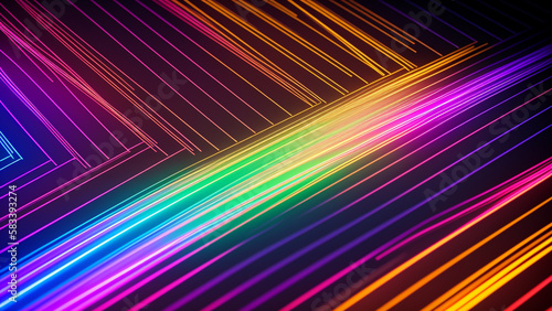 カラフルな発光するネオンが飛び回るイメージ　テクノロジー、近未来An image of colorful glowing neon lights flying around Technology, the near future