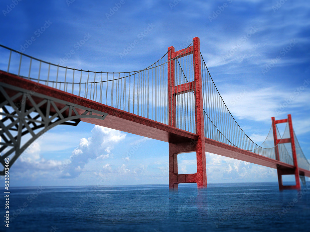 Fototapeta premium Suspension bridge across the sea connecting two sides of the land. 3D illustration