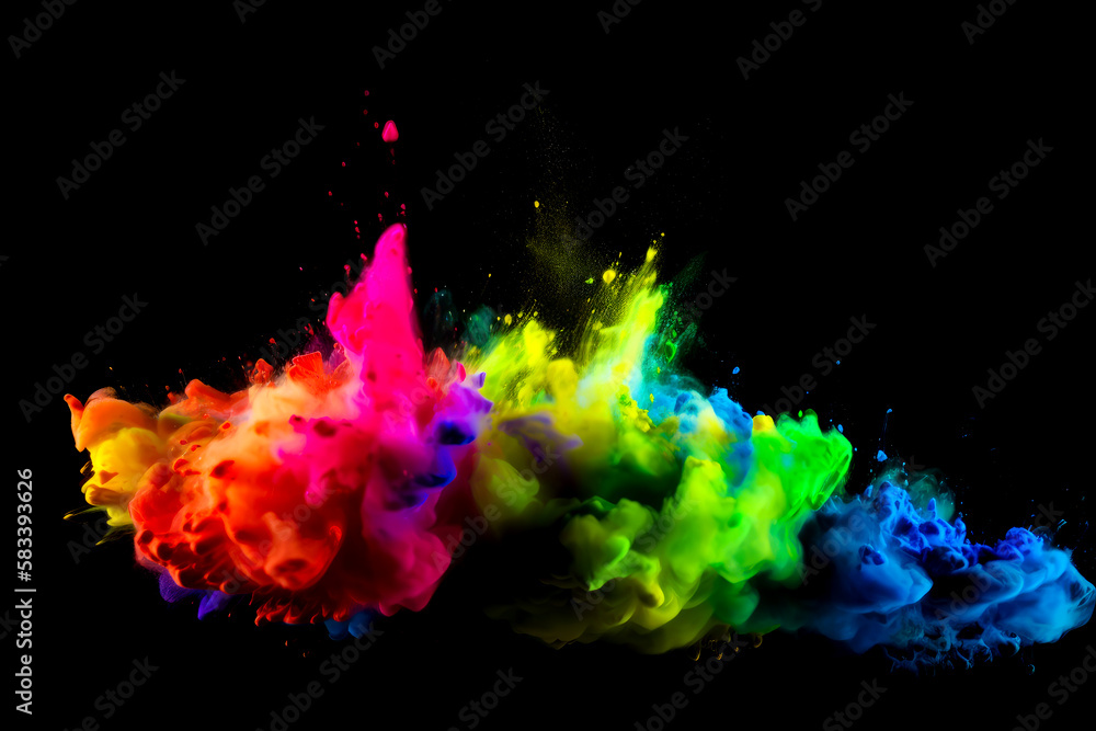 Abstract multi color smoke explosion on black background. Colorful clouds on black background. Colorful smoke texture. Generative AI colorful fume on black background.