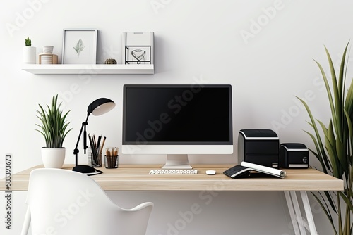 Modern office setting with computer, equipment, and a white table. For informational purposes, a blank screen. Generative AI © 2rogan