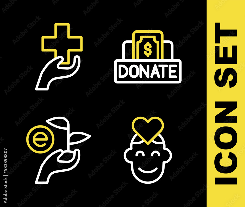 Obraz premium Set line Donation and charity, Volunteer, Leaf in hand and Heart with cross icon. Vector
