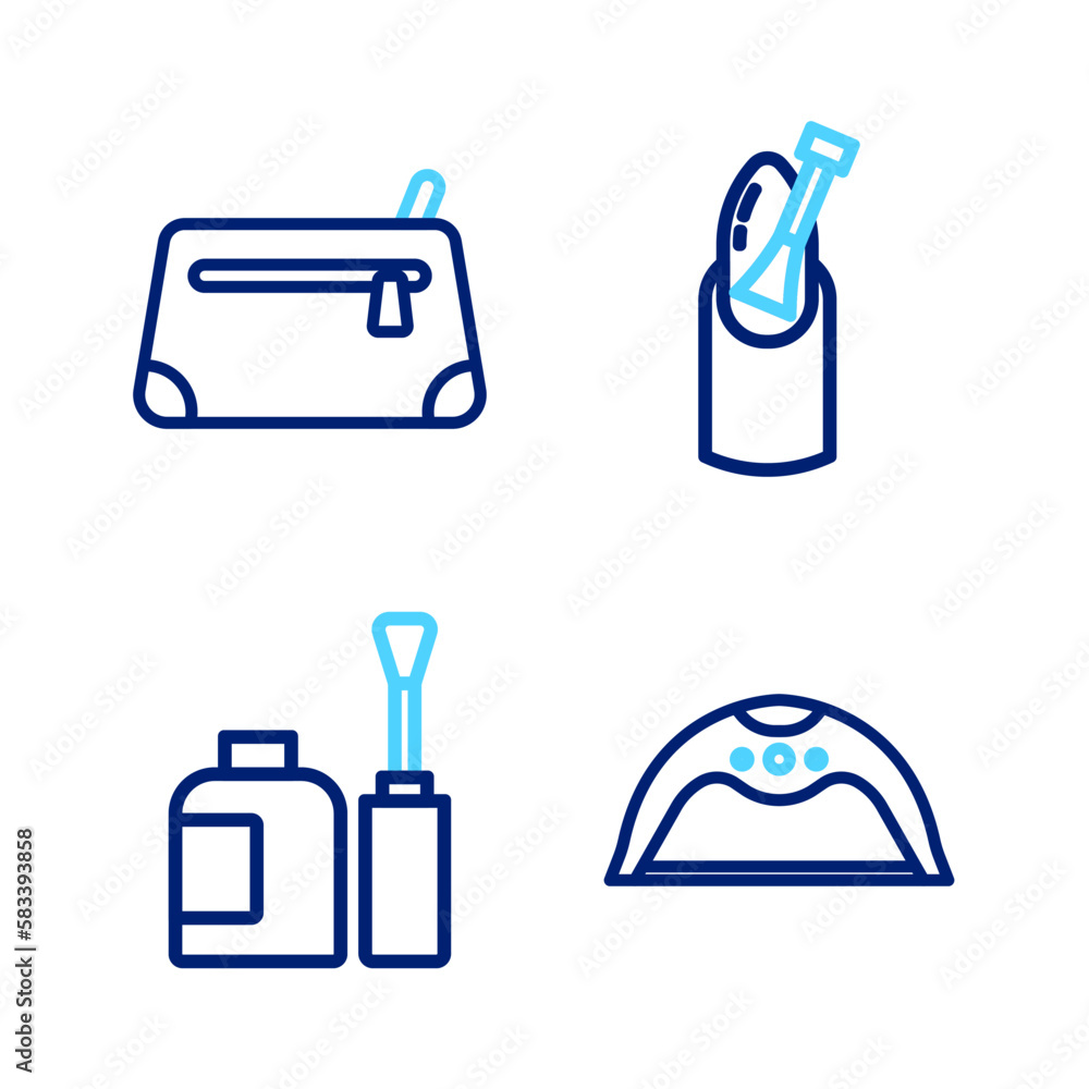 Set line Manicure lamp, Bottle of nail polish, Nail manicure and Cosmetic bag icon. Vector Set line Manicure lamp, Bottle of nail polish, Nail manicure and Cosmetic bag icon. Vector