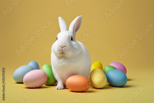 happy white easter bunny with many colorfull egg on yellow background