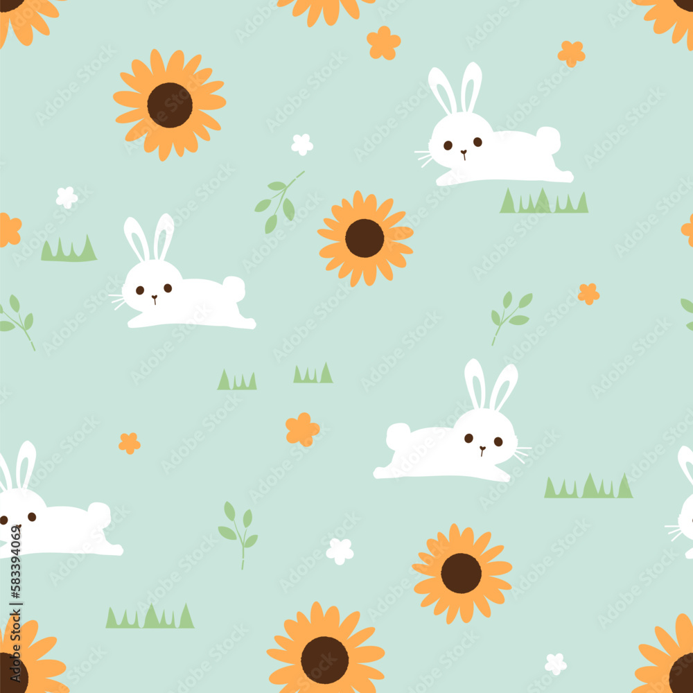 Seamless pattern with bunny rabbit cartoons, grass and sunflower on green background vector illustration. Cute childish print. Seamless pattern with bunny rabbit cartoons, grass and sunflower on green background vector illustration. Cute childish print.