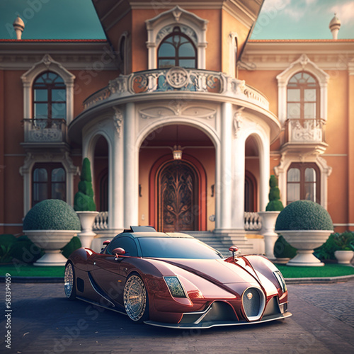  豪華なヴィラの前にある贅沢な富裕層の車 © enopi