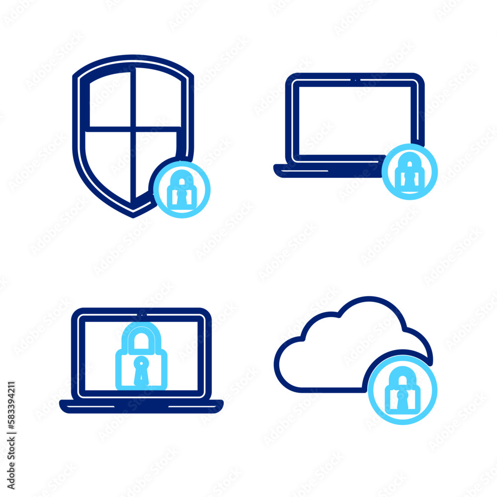 Set line Cloud computing lock, Laptop and, and Shield security with icon. Vector Set line Cloud computing lock, Laptop and, and Shield security with icon. Vector