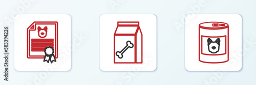 Set line Canned food for dog, Certificate cat and Bag of pet icon. Vector