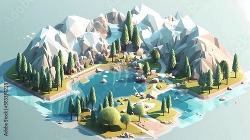 A majestic mountain range. Isometric style. digital art illustration. generative AI.