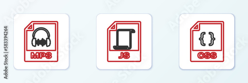 Set line CSS file document, MP3 and JS icon. Vector
