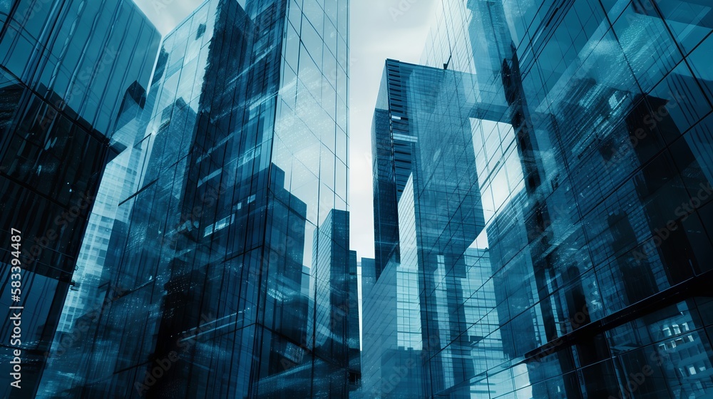 Glossy glass skyscrapers in urban city environment. Corporate ...