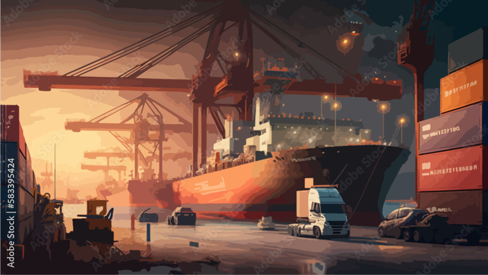 Container Cargo freight ship with working crane bridge in shipyard at sunrise for Logistic Import Export background Container Cargo freight ship with working crane bridge in shipyard at sunrise for Logistic Import Export background