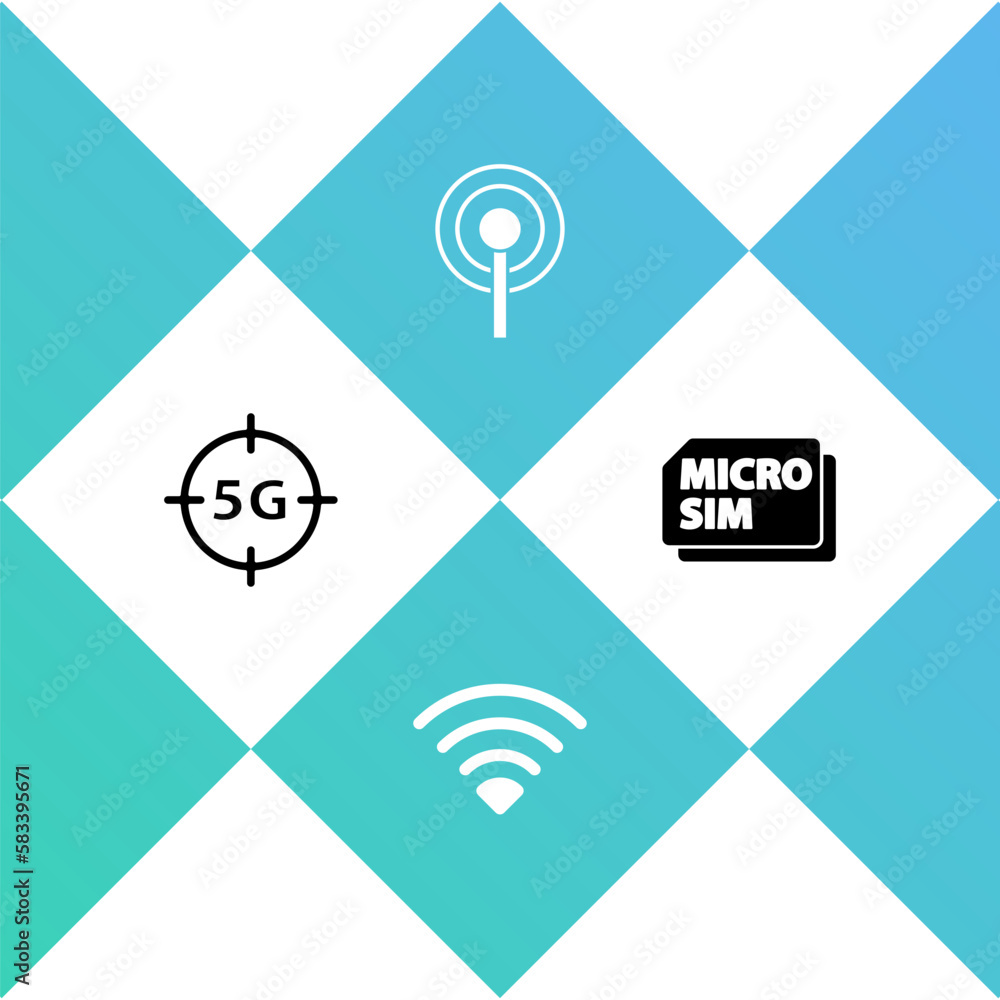 Set 5G network, Wi-Fi wireless, Antenna and Micro Sim Card icon. Vector Set 5G network, Wi-Fi wireless, Antenna and Micro Sim Card icon. Vector