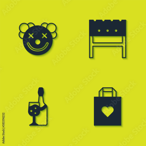 Set Clown head, Shopping bag with heart, Champagne bottle and BBQ brazier icon. Vector