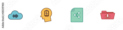 Set Music streaming service, Head with low battery, Share file and Folder upload icon. Vector