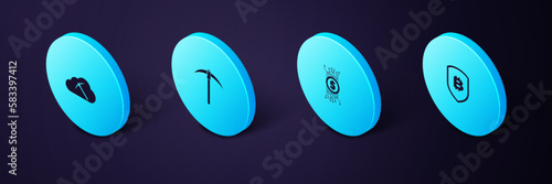 Set Isometric Shield with bitcoin, Cryptocurrency circuit, Pickaxe and cloud mining icon. Vector