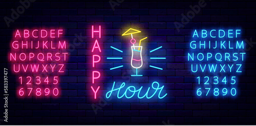 Happy hour neon label. Cocktail icon. Luminous blue nad pink alphabet. Vector storck illustration