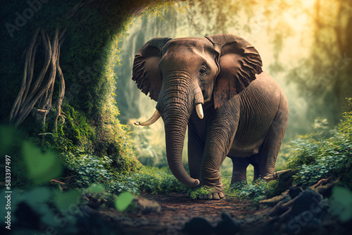 An elephant surrounded by lush greenery in the forest