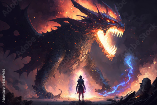 Fire breathes explode from a giant dragon in a black night, the epic battle evil concept art, generative Ai © Kien