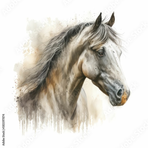 watercolor horse on white background, generative AI © legendexpert