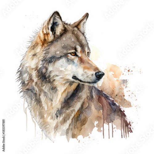 watercolor wolf on white background, generative AI