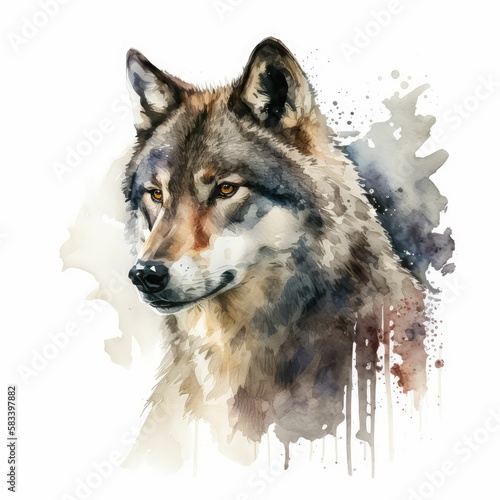 watercolor wolf on white background, generative AI