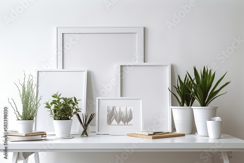 White table with a blank horizontal photo frame and flower pots in the backdrop. Generative AI © 2rogan