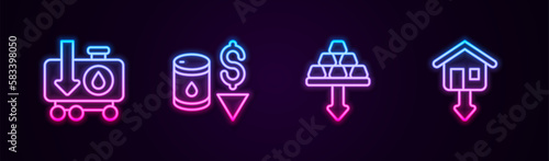 Set line Drop in crude oil price, , Gold bars and Falling property prices. Glowing neon icon. Vector
