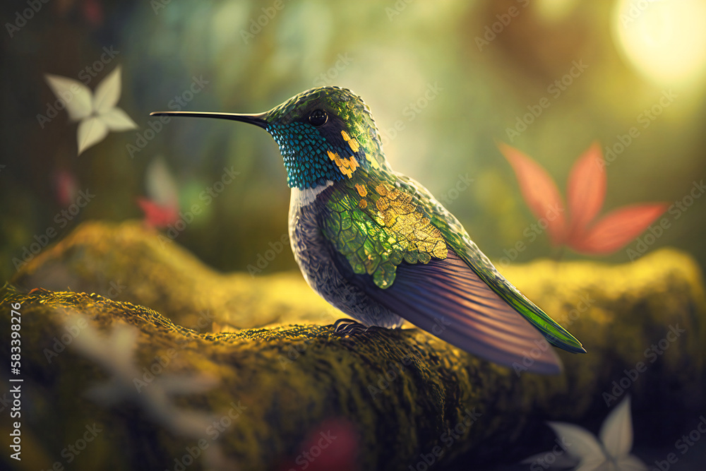 Naklejka premium A hummingbird hovering in the forest