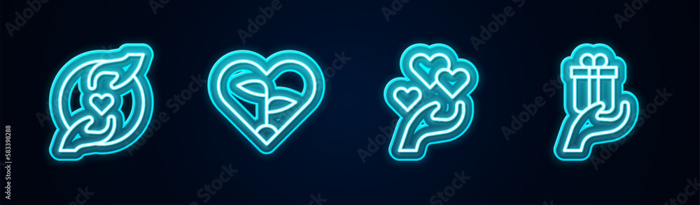 Set line Pleasant relationship, Leaf in heart, Heart hand and Give gift. Glowing neon icon. Vector Set line Pleasant relationship, Leaf in heart, Heart hand and Give gift. Glowing neon icon. Vector