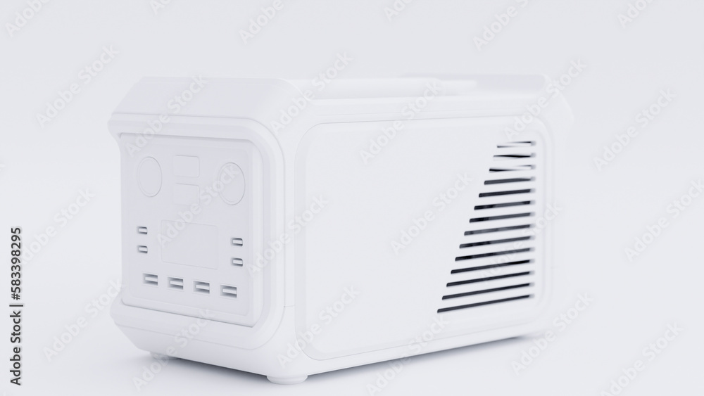 Perspective front view portable power station concept on white background premium photo 3d clay render Perspective front view portable power station concept on white background premium photo 3d clay render