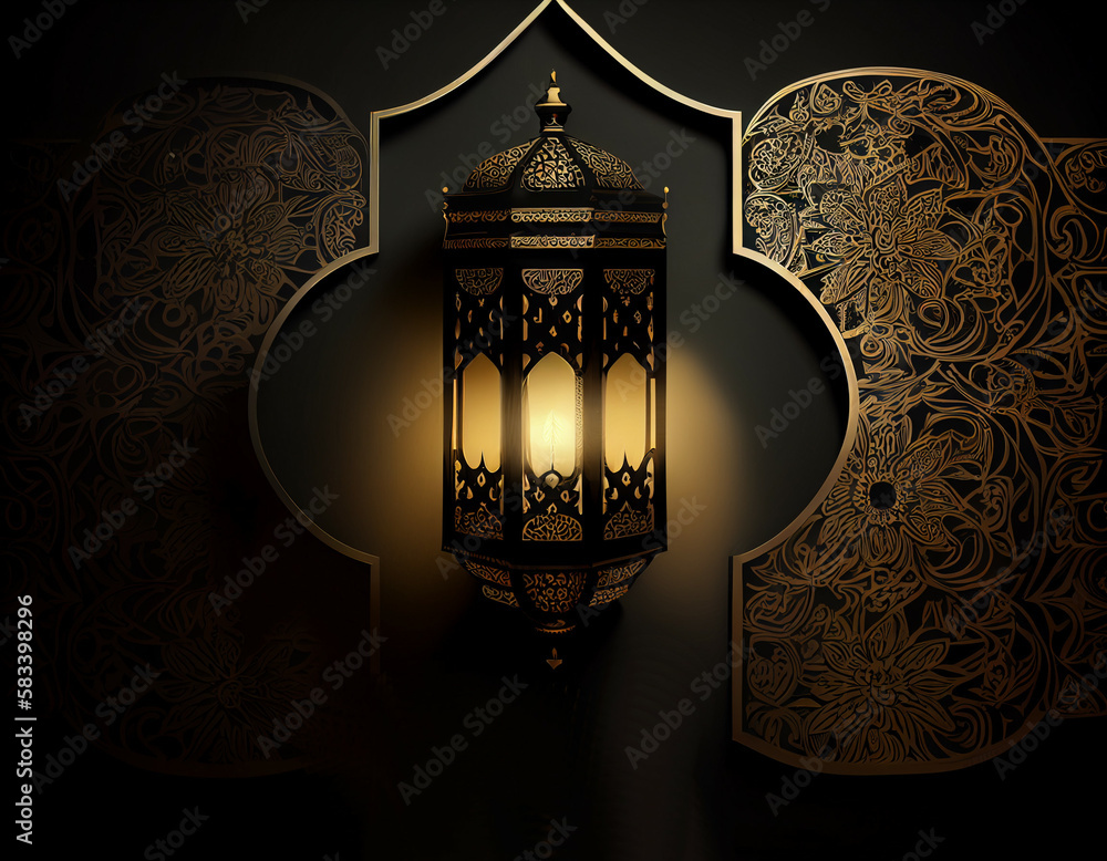 Islamic gold panel blank template, suitable for greeting cards for Ramadan and Eid. Generative AI.