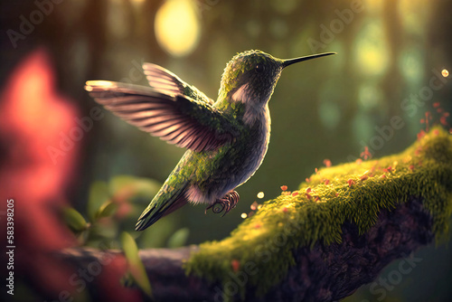A hummingbird hovering in the forest photo
